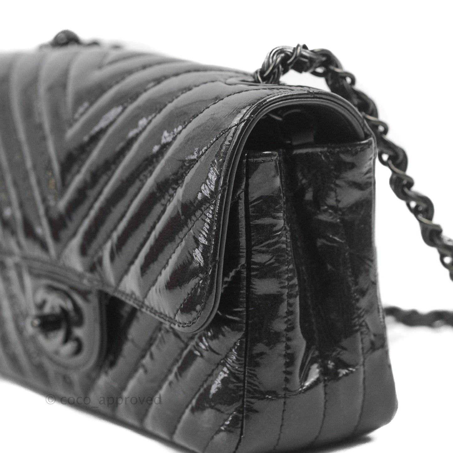 Chanel Mini Rectangular Flap Chevron Black Crumpled Metallic Patent So Black