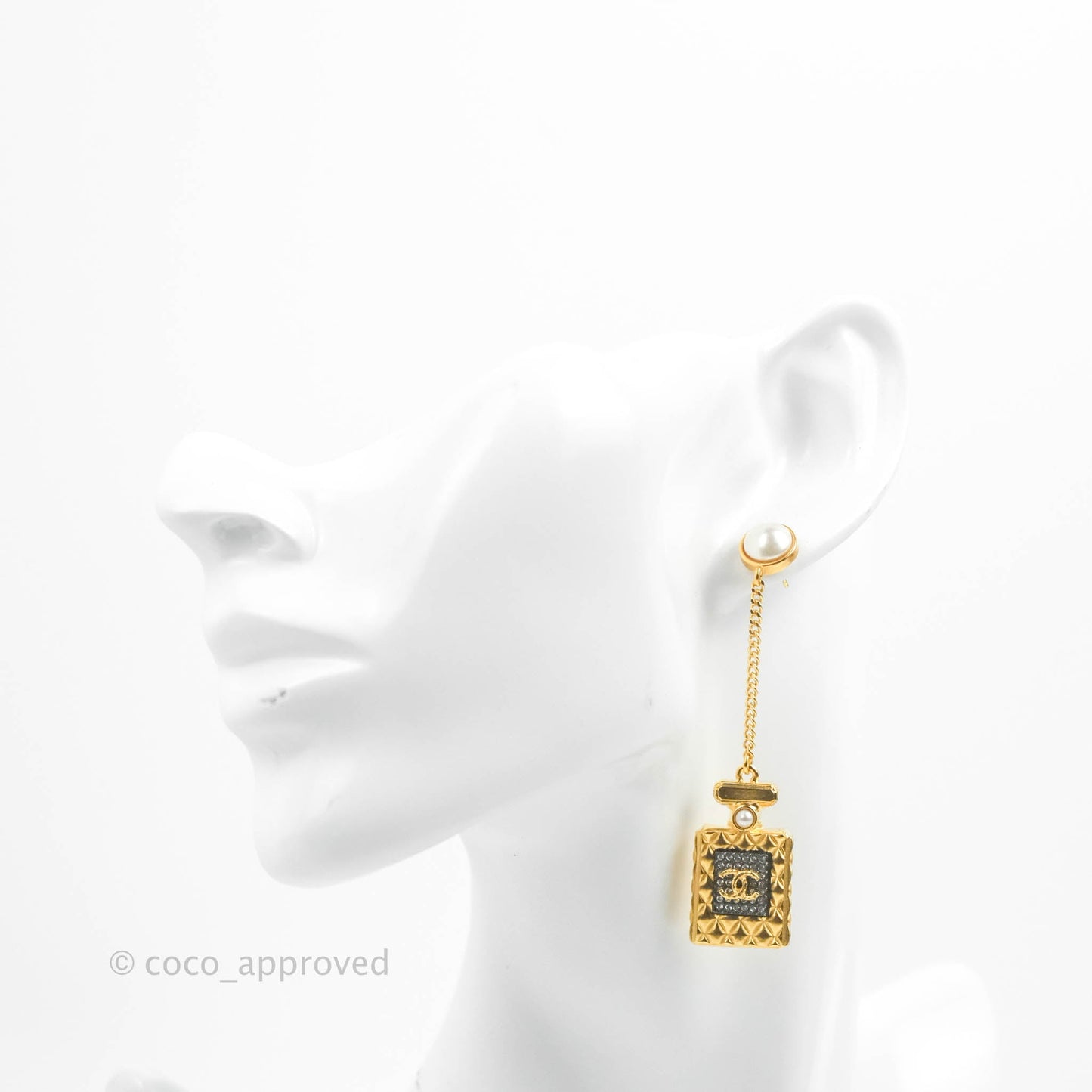 Chanel Chanel Perfume Rhinestone Pearl Long Drop Earrings Gold Tone 20A