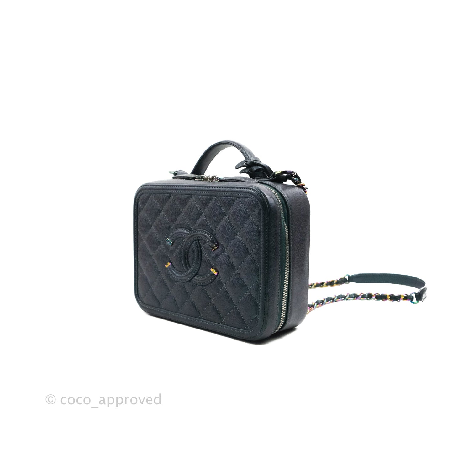 Chanel Quilted Medium CC Filigree Vanity Case Iridescent Dark Turquoise Caviar Rainbow Hardware