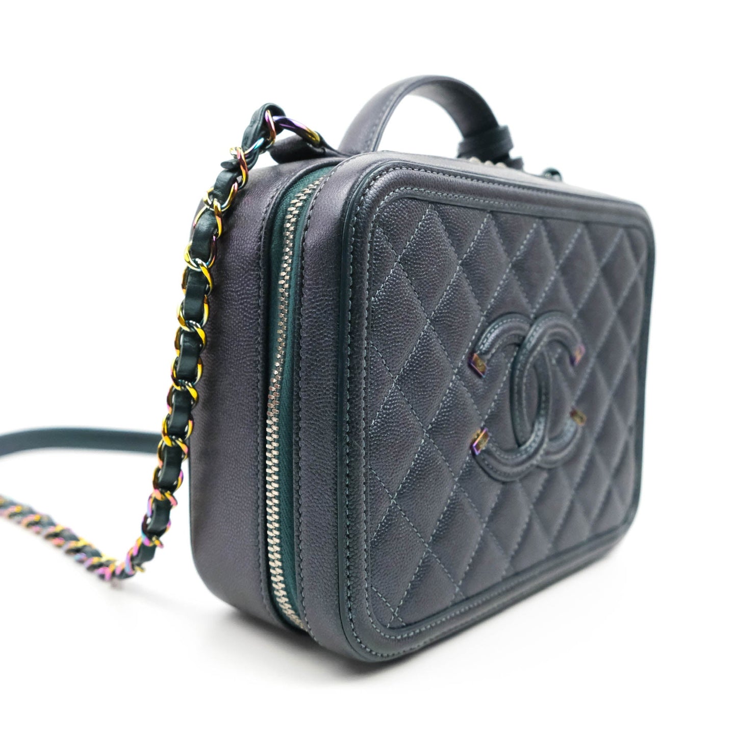 Chanel Quilted Medium CC Filigree Vanity Case Iridescent Dark Turquoise Caviar Rainbow Hardware