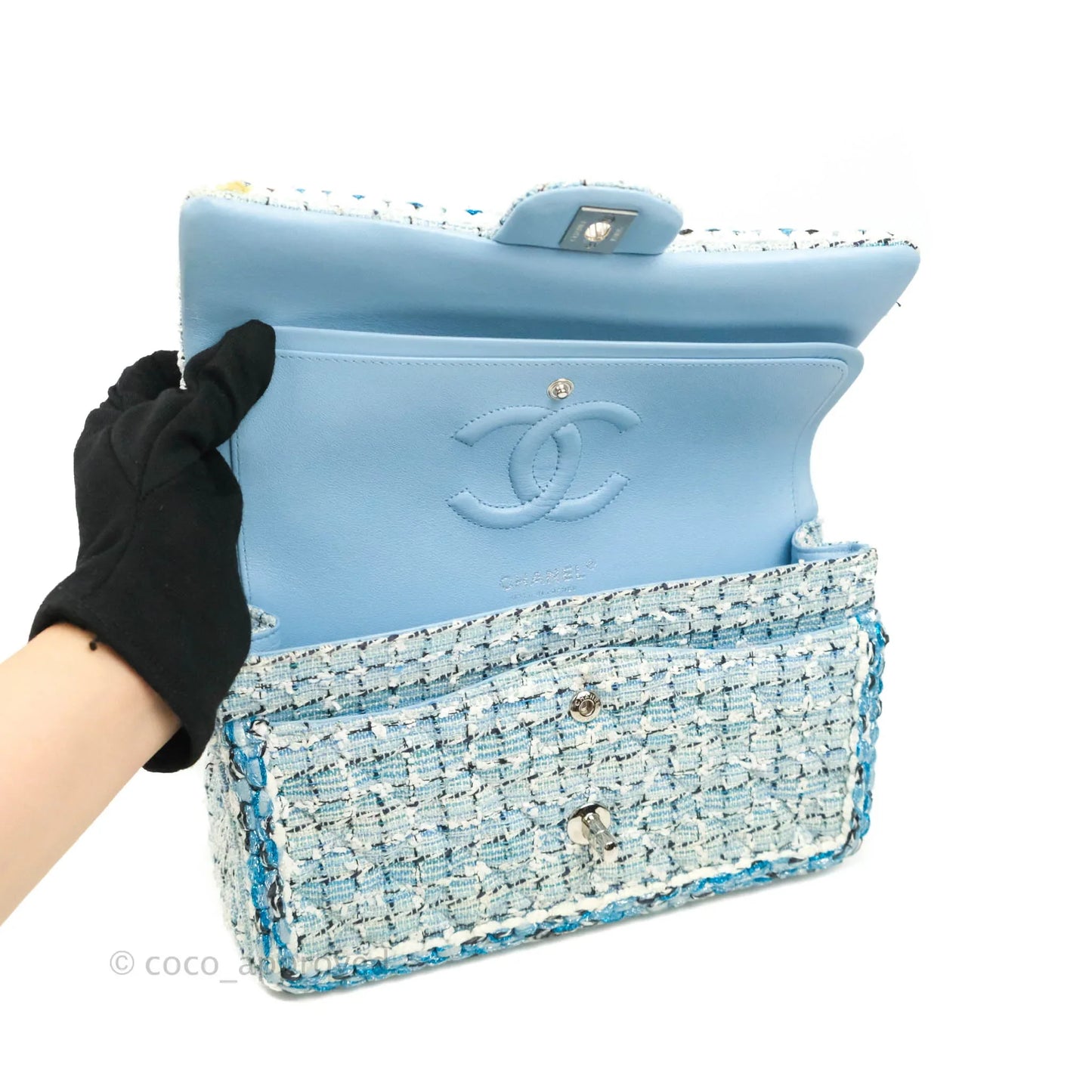 Chanel Medium Classic Double Flap Bag Blue Tweed Silver Hardware 19C