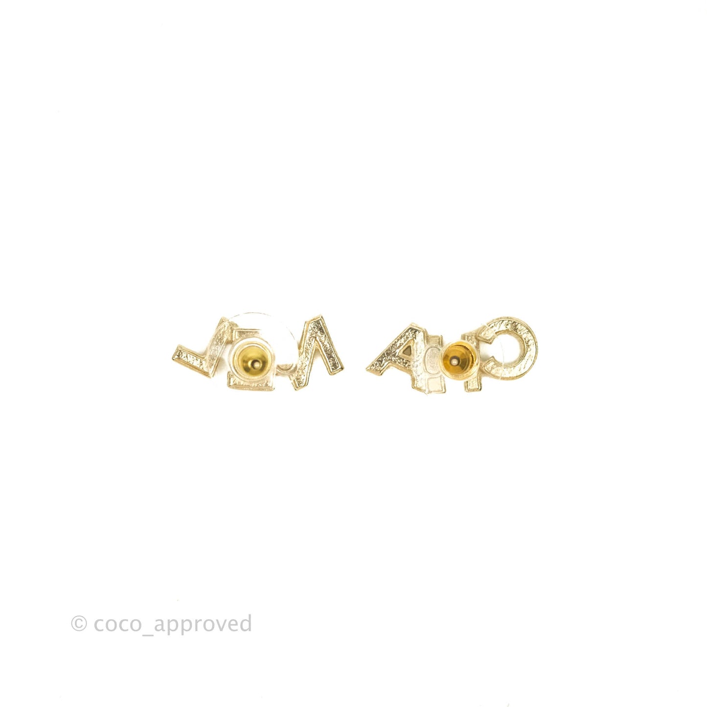 Chanel Crystal Signature Stud Earrings Gold Tone 21V
