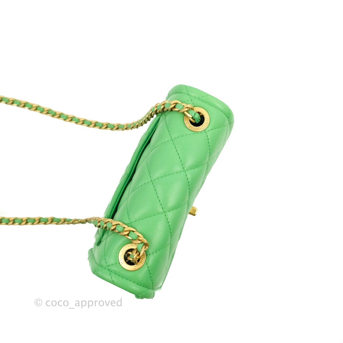 Chanel Mini Square Sweet Quilted Flap Green Caviar Aged Gold Hardware 21P