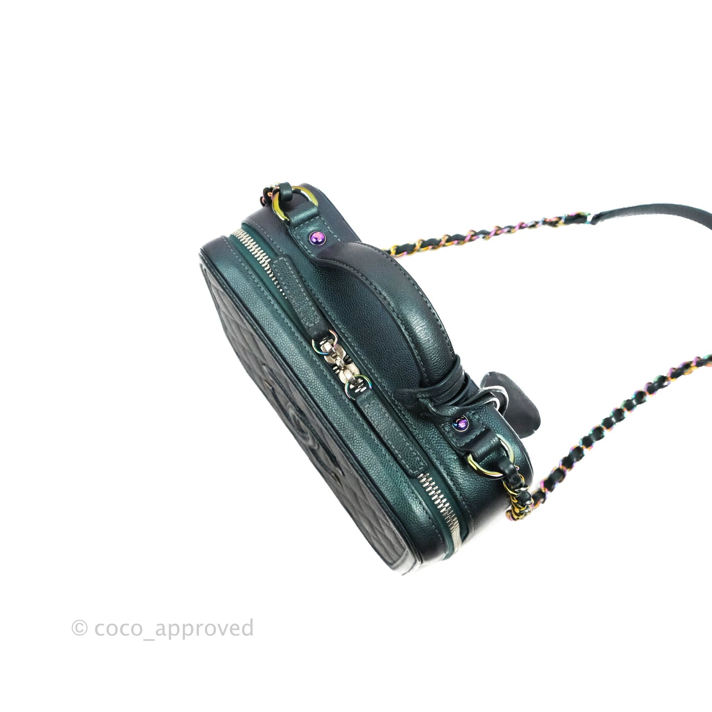 Chanel Quilted Medium CC Filigree Vanity Case Iridescent Dark Turquoise Caviar Rainbow Hardware