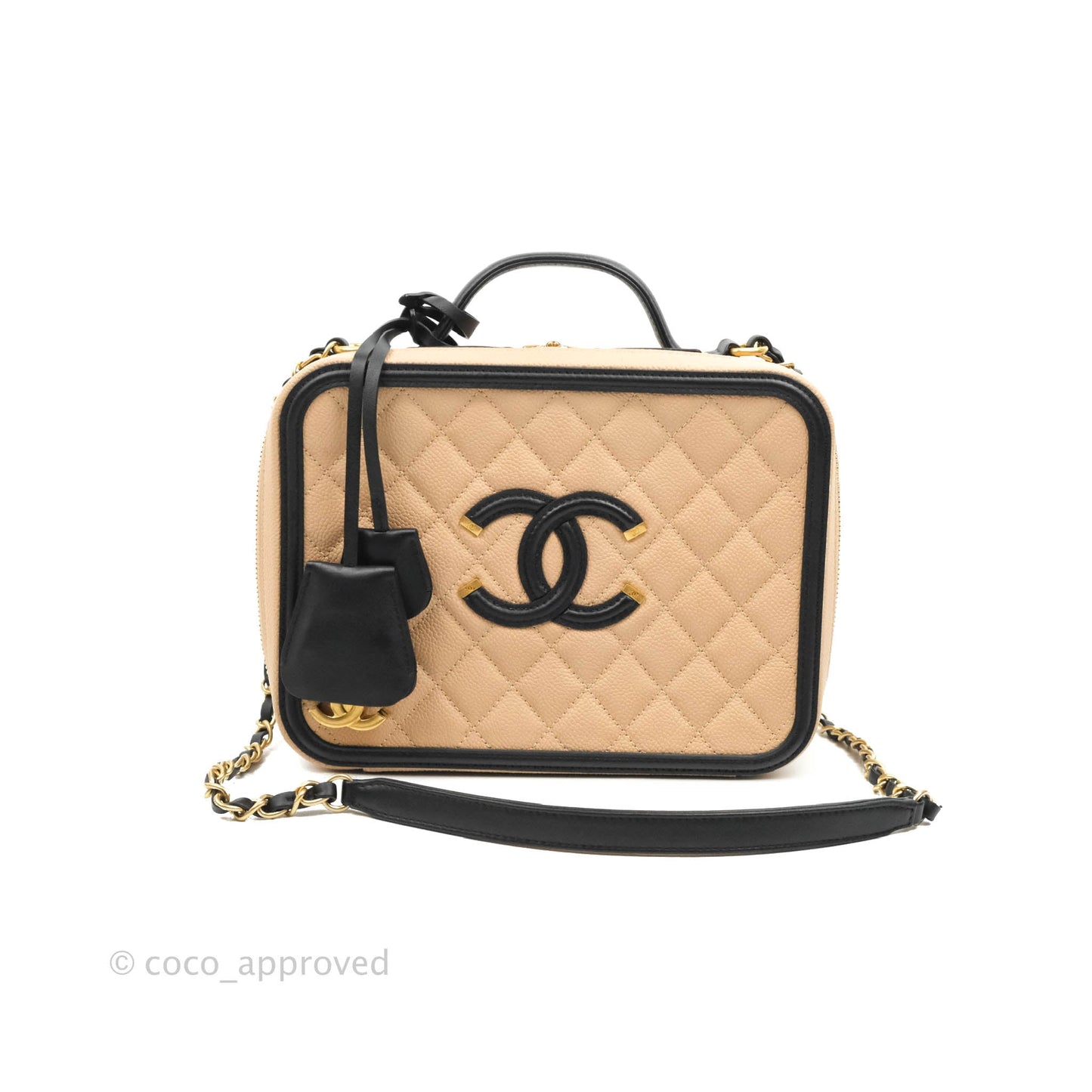Chanel Quilted Large CC Filigree Vanity Case Beige Caviar Gold Hardware