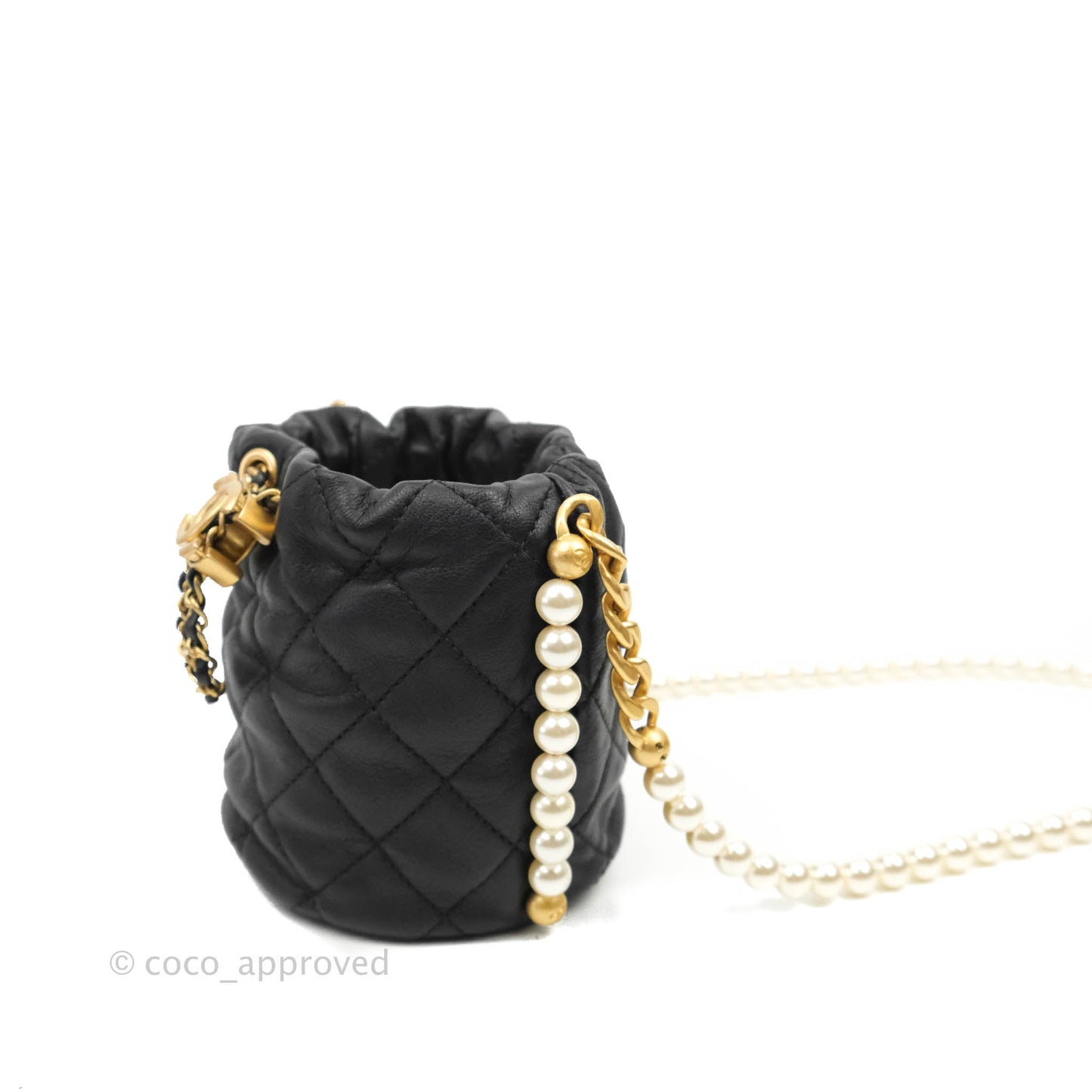Chanel Quilted Pearl Mini About Pearls Drawstring Bucket Bag Black Calfskin