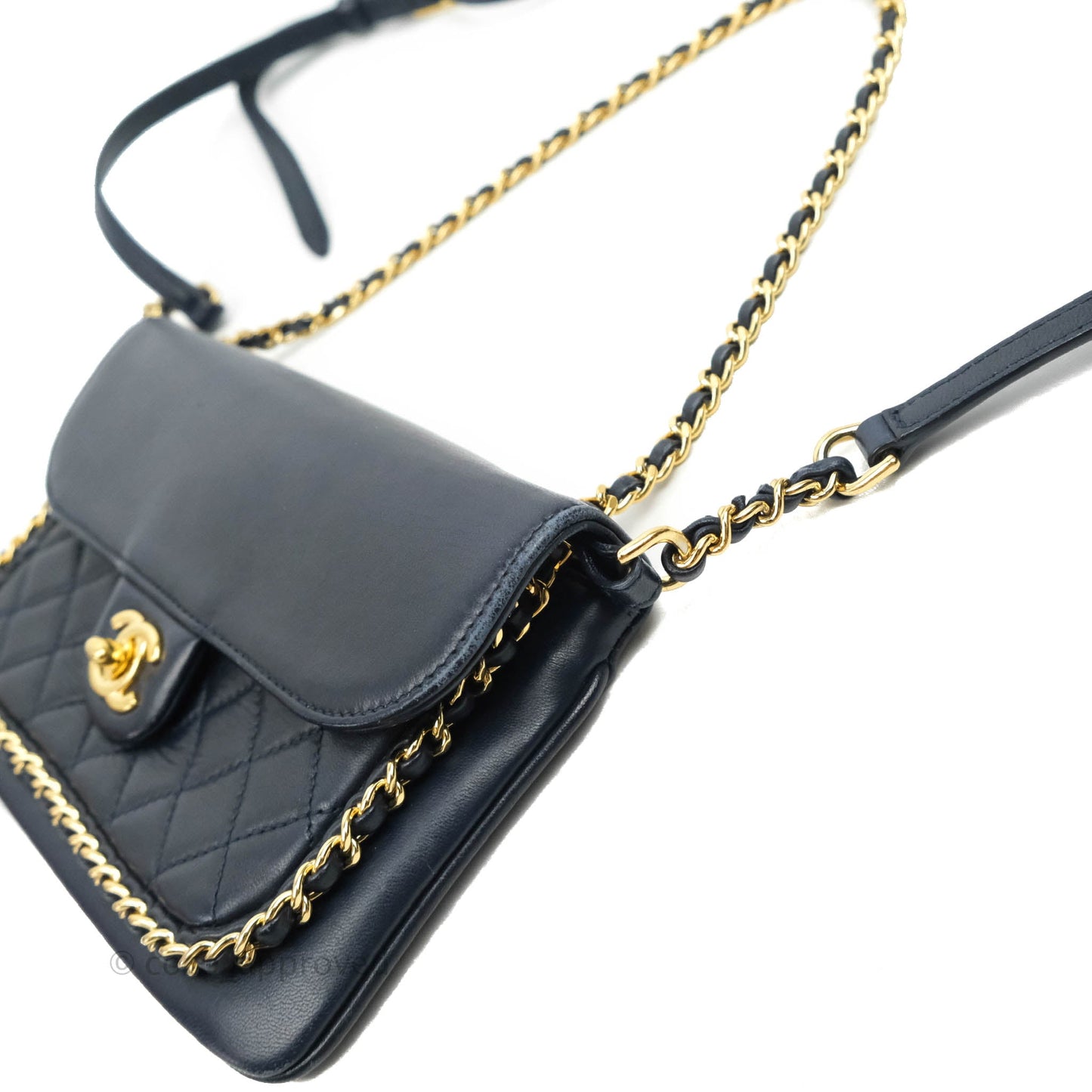 Chanel Flat Flap Bag With Chain Navy Calfskin Gold Hardware