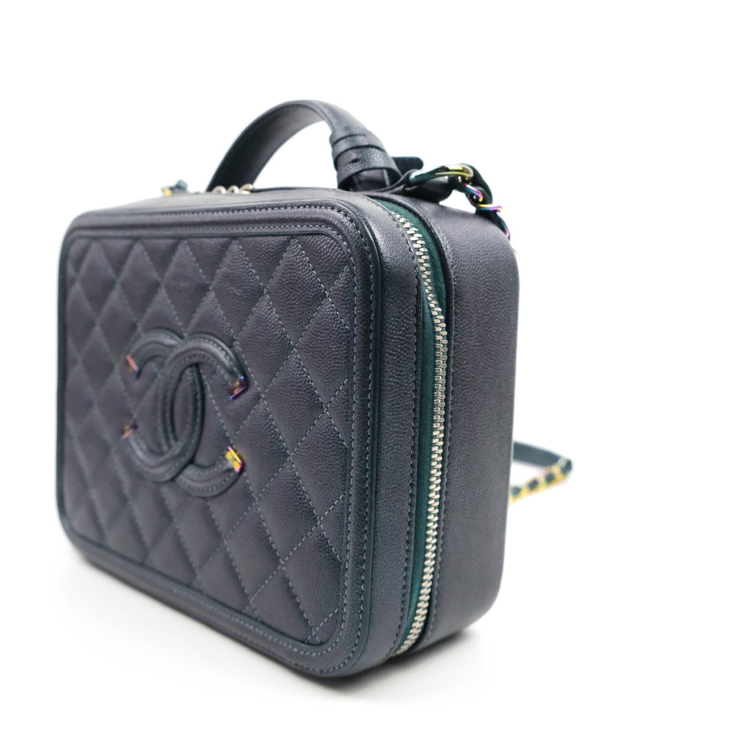Chanel Quilted Medium CC Filigree Vanity Case Iridescent Dark Turquoise Caviar Rainbow Hardware