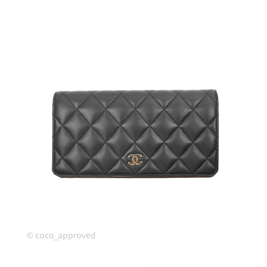 Chanel Quilted Flap Long Wallet Black Lambskin Silver Hardware