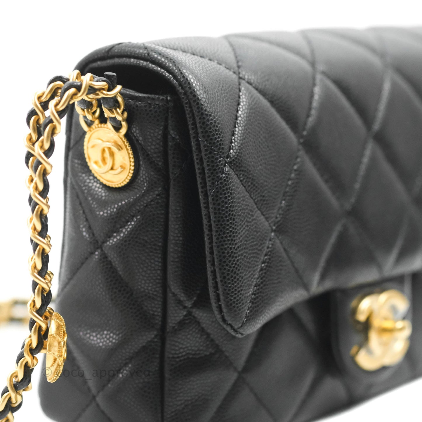 Chanel Small Buttons Gold Coins Flap Bag Black Caviar Aged Gold Hardware