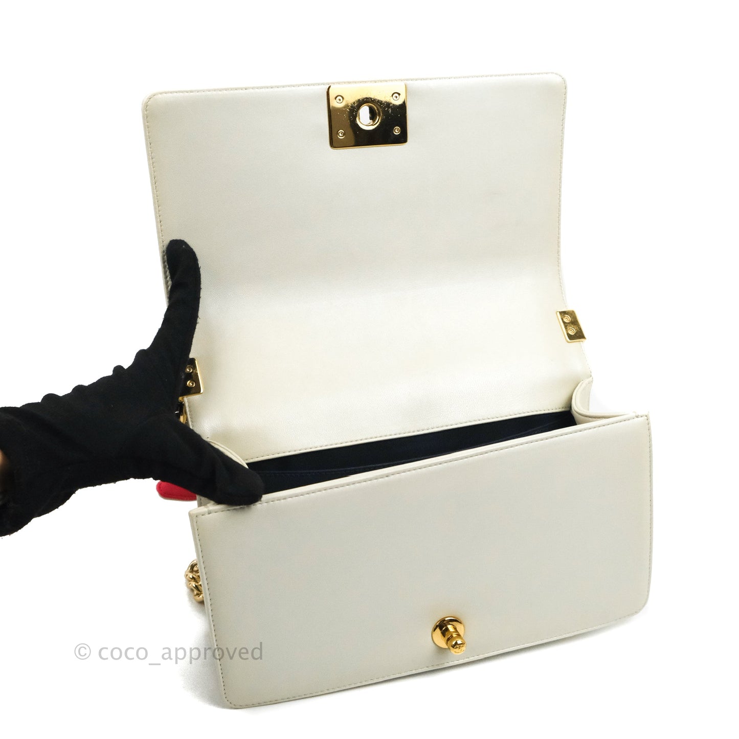 Chanel Cube Embossed Medium Boy Bag Iridescent Pearl White Lambskin Gold Hardware
