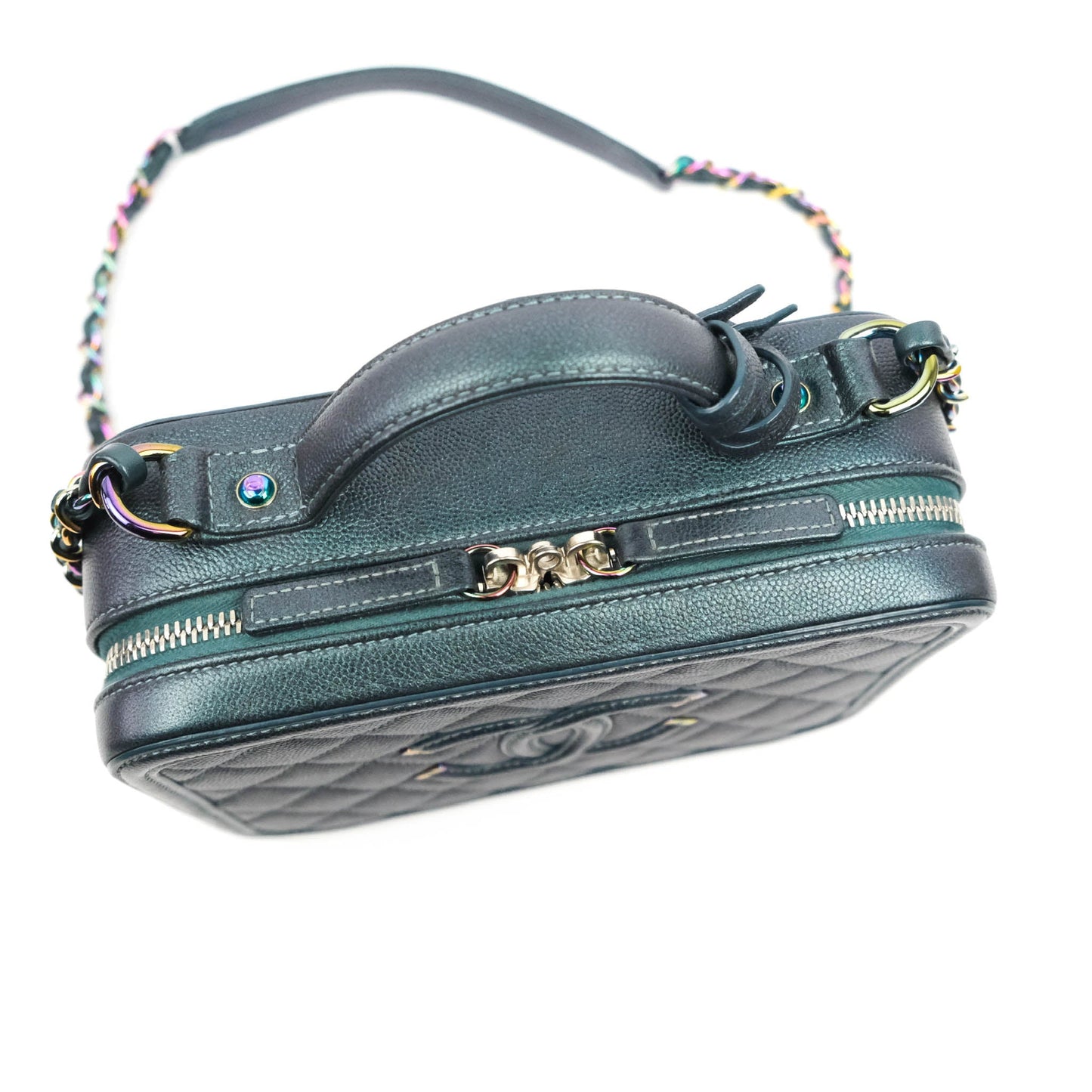 Chanel Quilted Medium CC Filigree Vanity Case Iridescent Dark Turquoise Caviar Rainbow Hardware