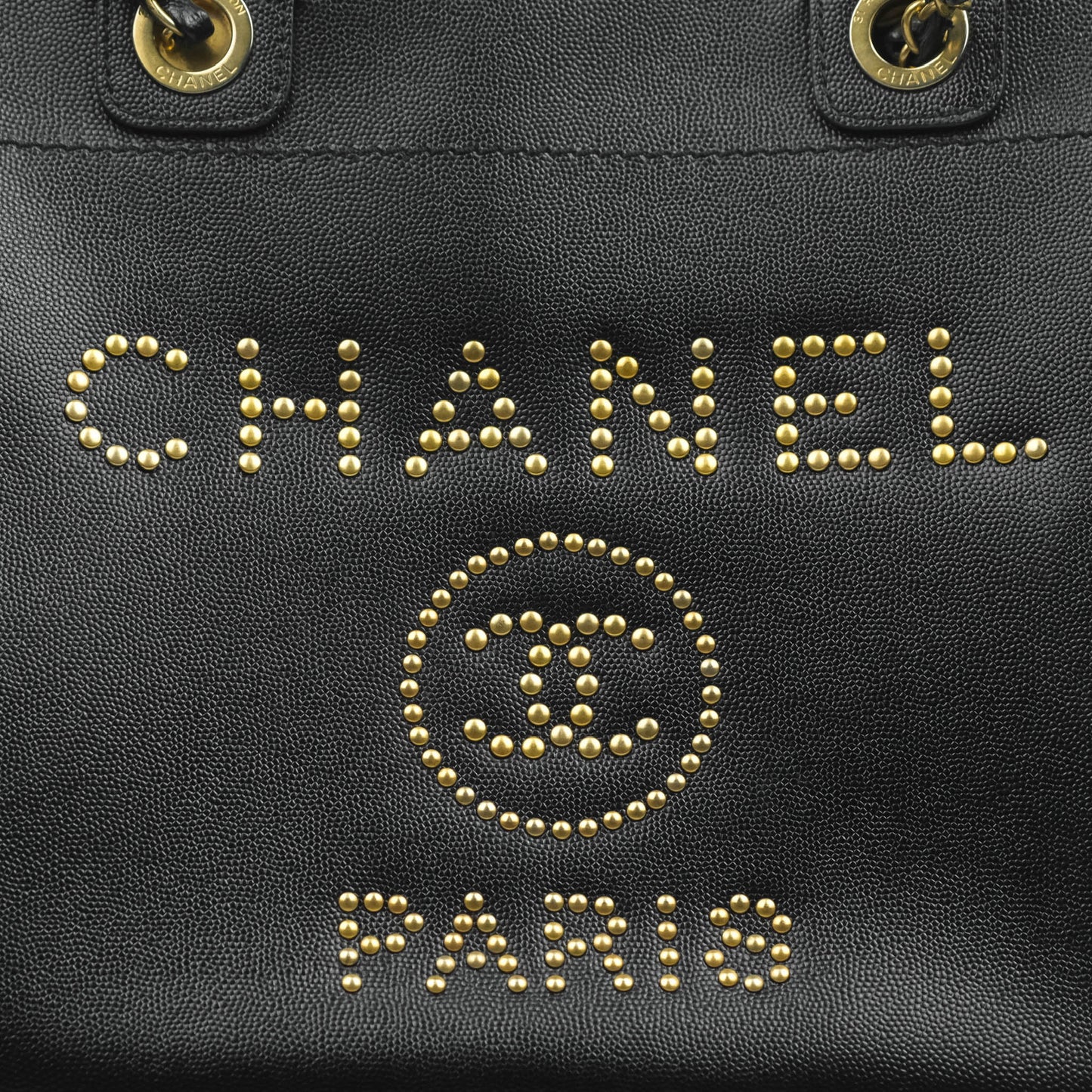 Chanel Small Studded Deauville Tote Black Caviar Gold Hardware