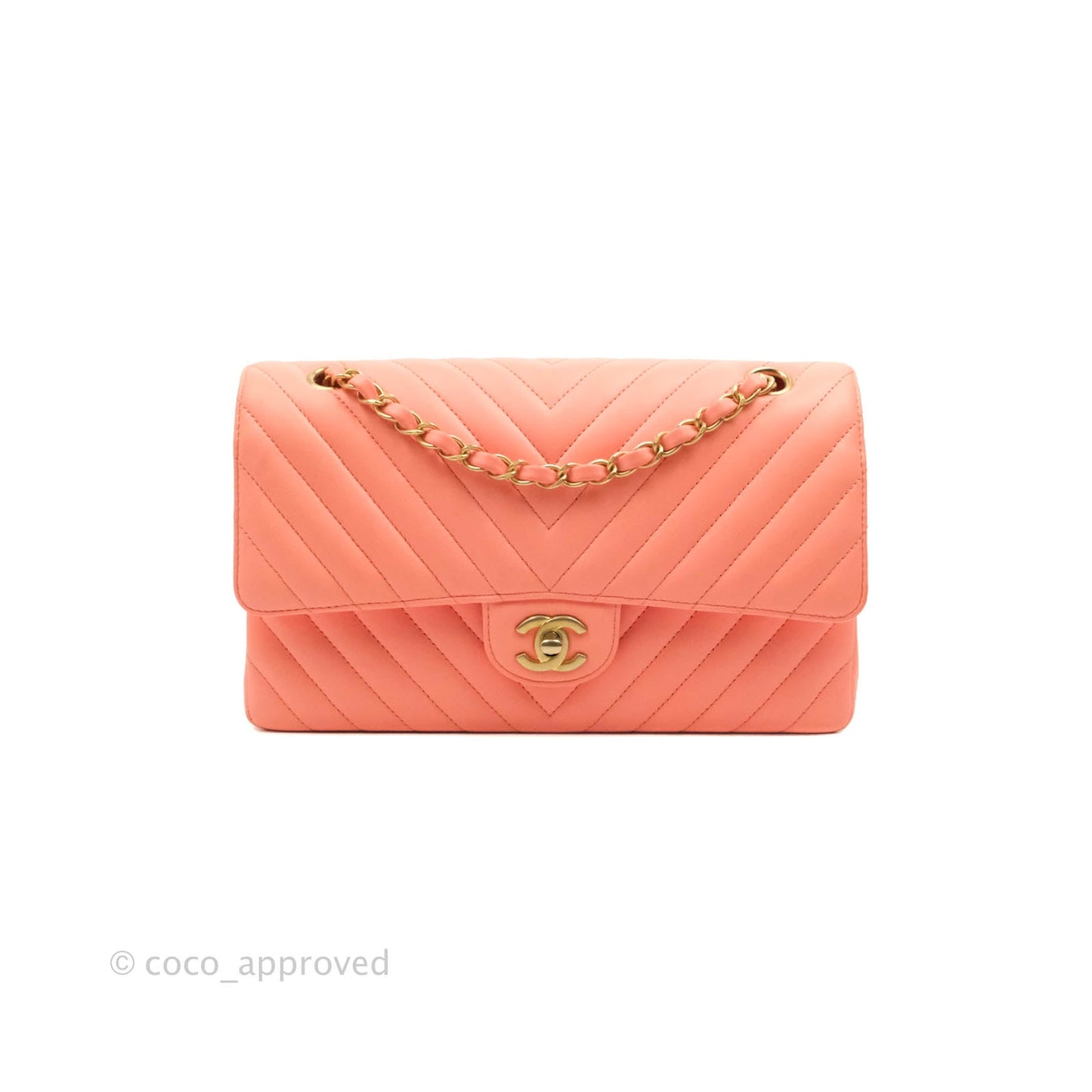Chanel Classic M/L Medium Chevron Double Flap Coral Pink Lambskin Aged Gold Hardware