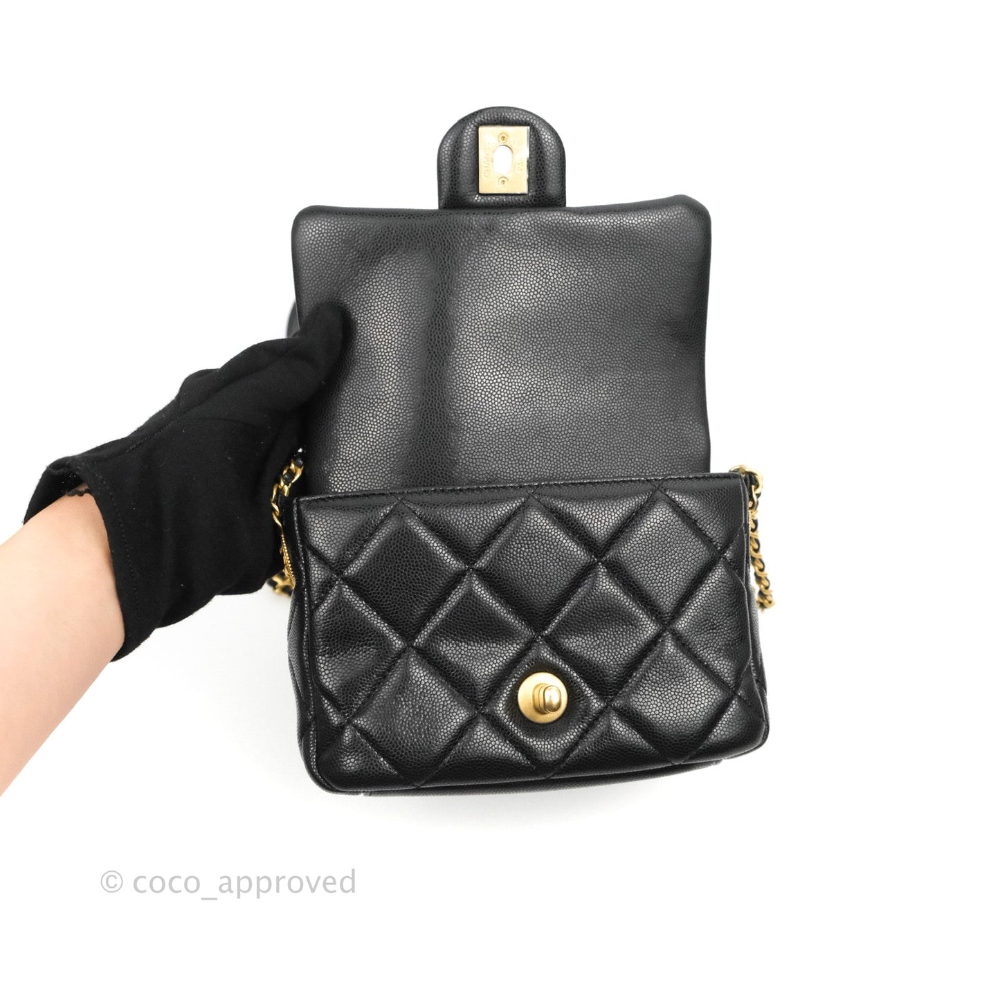 Chanel Mini Flap with Coin Charm Black Caviar Aged Gold Hardware 22A