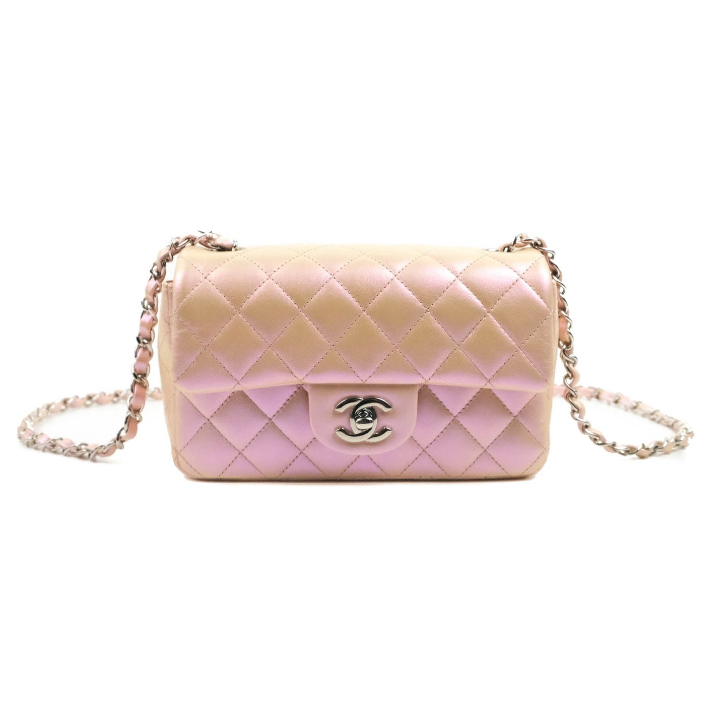 Chanel Quilted Mini Rectangular Flap Iridescent Pink Calfskin Silver Hardware