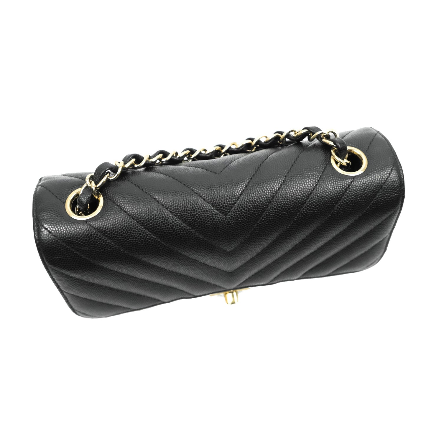 Chanel Chevron Mini Rectangular Flap Black Caviar Gold Hardware