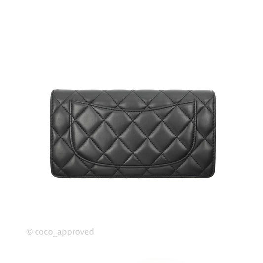 Chanel Quilted Flap Long Wallet Black Lambskin Silver Hardware