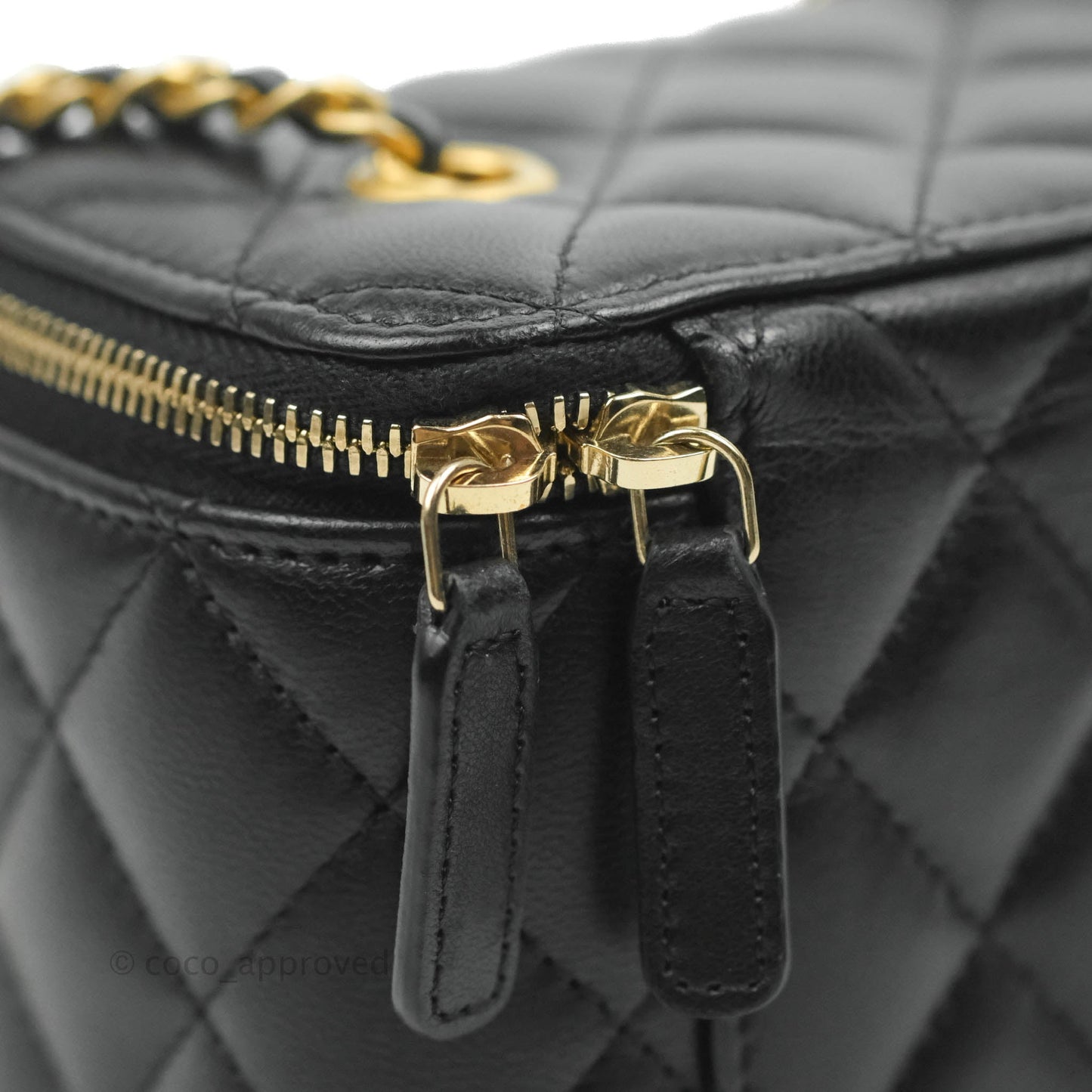 Chanel Vanity with Pearl Crush Chain in Black Lambskin Aged Gold Hardware