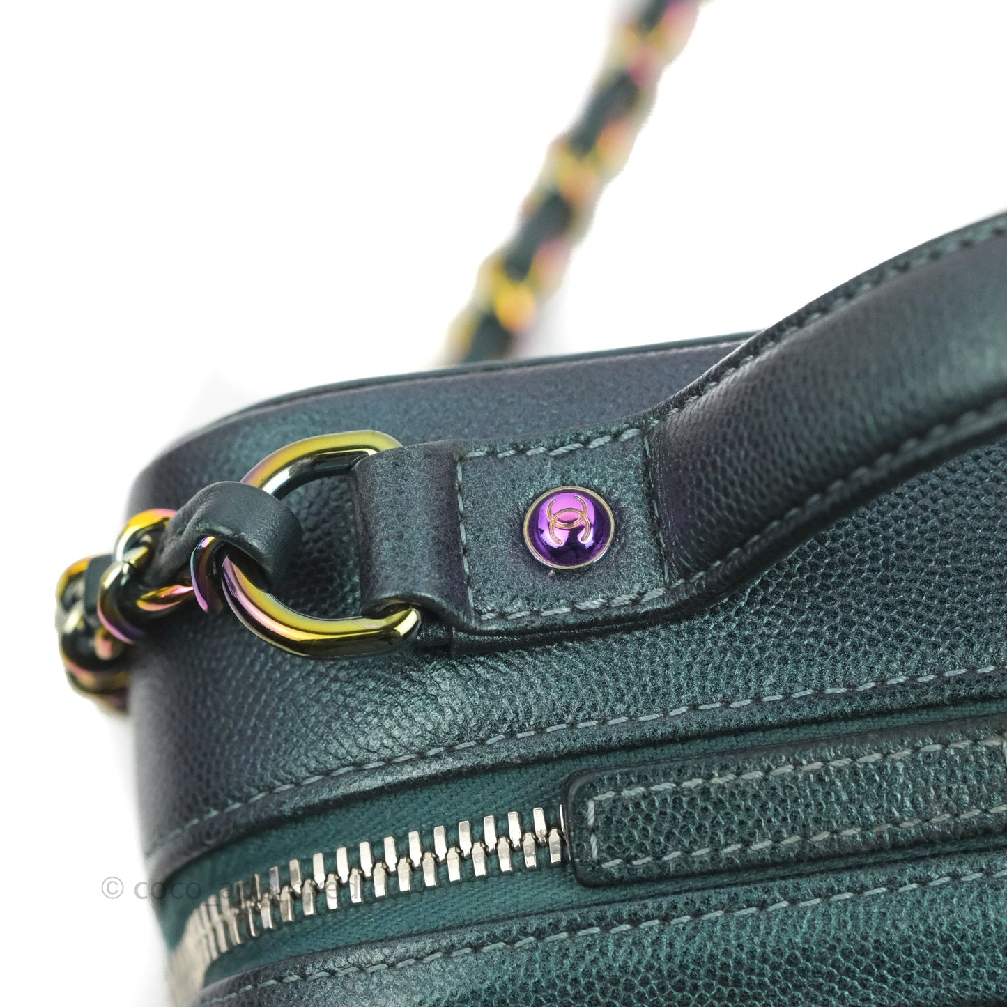 Chanel Quilted Medium CC Filigree Vanity Case Iridescent Dark Turquoise Caviar Rainbow Hardware
