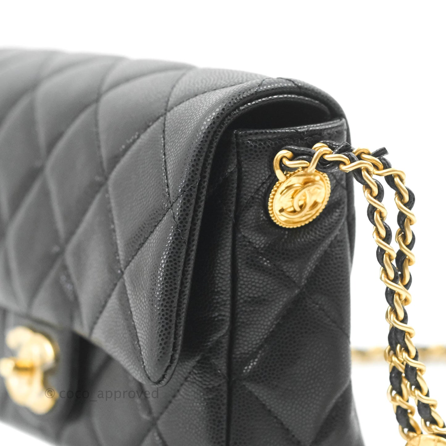 Chanel Small Buttons Gold Coins Flap Bag Black Caviar Aged Gold Hardware