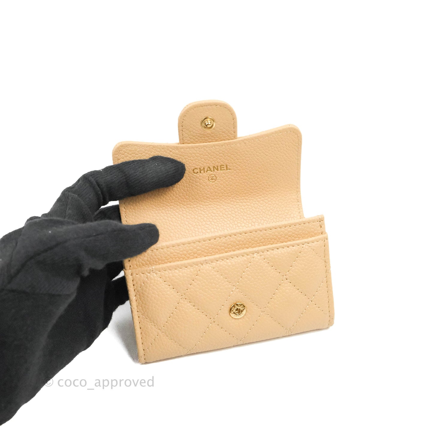 Chanel Quilted Flap Card Holder Beige Caviar Gold Hardware