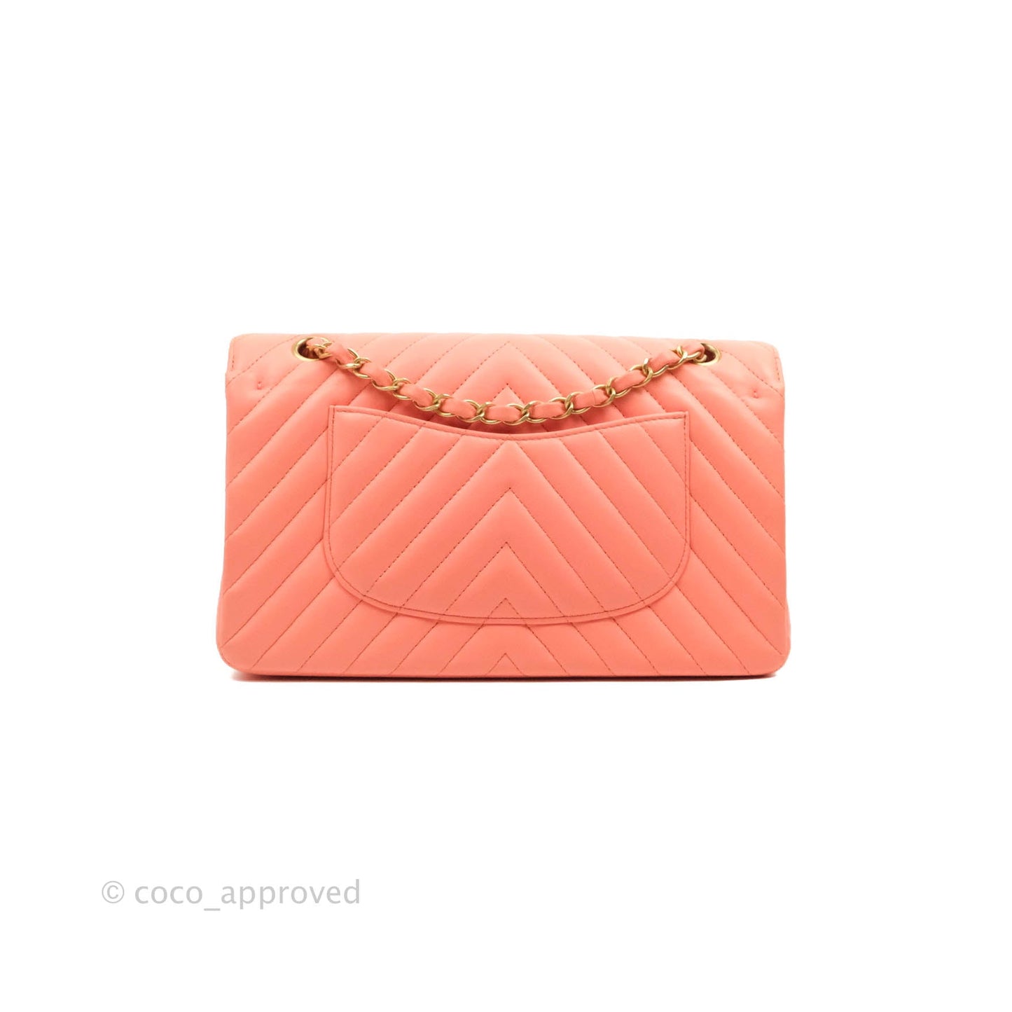 Chanel Classic M/L Medium Chevron Double Flap Coral Pink Lambskin Aged Gold Hardware