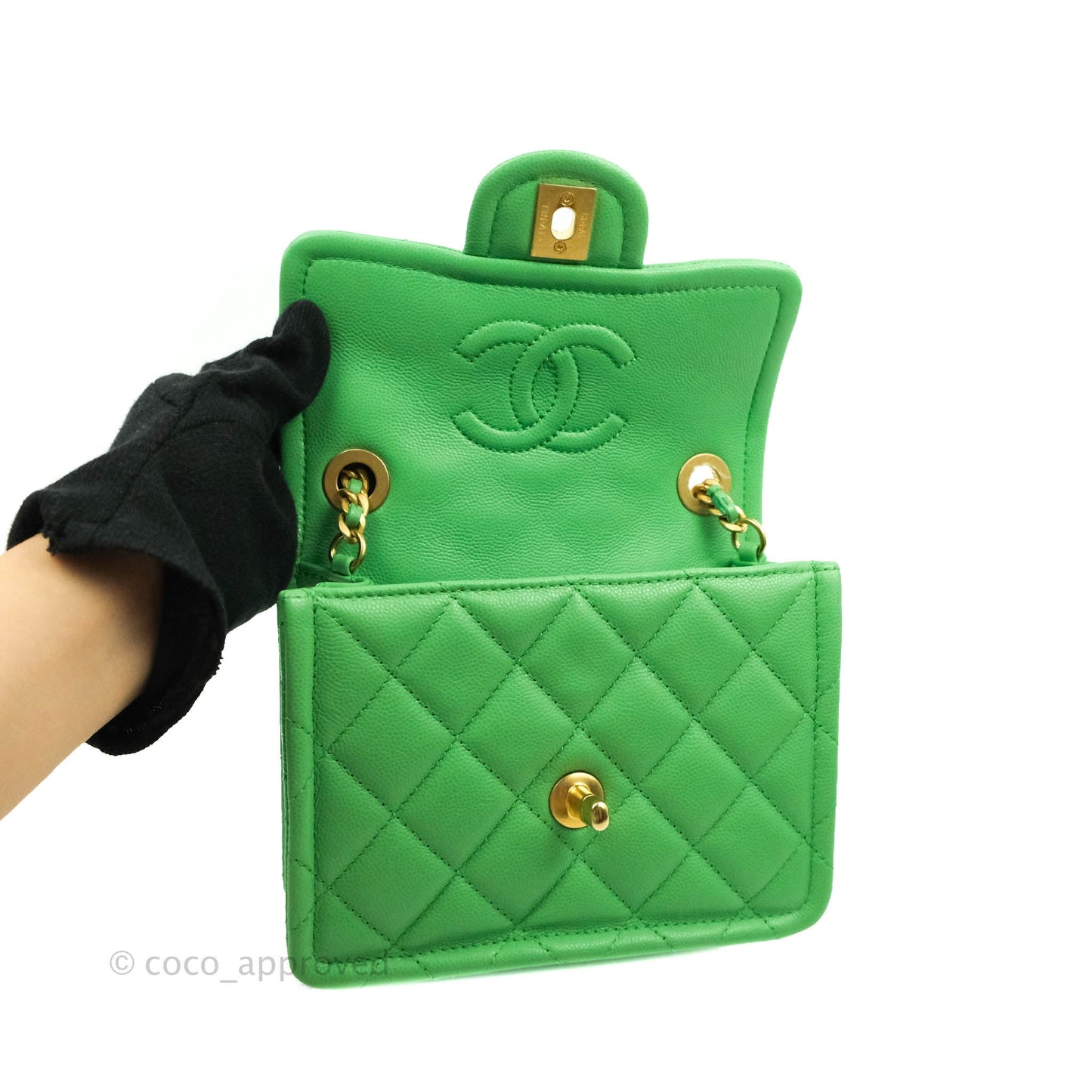 Chanel Mini Square Sweet Quilted Flap Green Caviar Aged Gold Hardware 21P