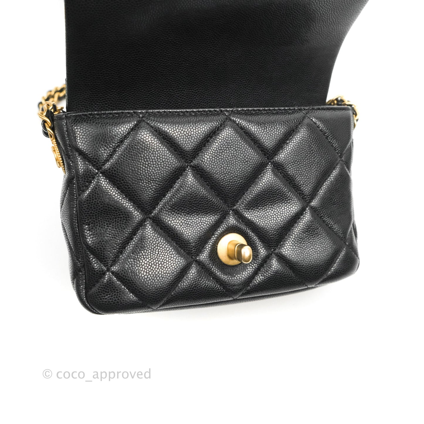 Chanel Mini Flap with Coin Charm Black Caviar Aged Gold Hardware 22A