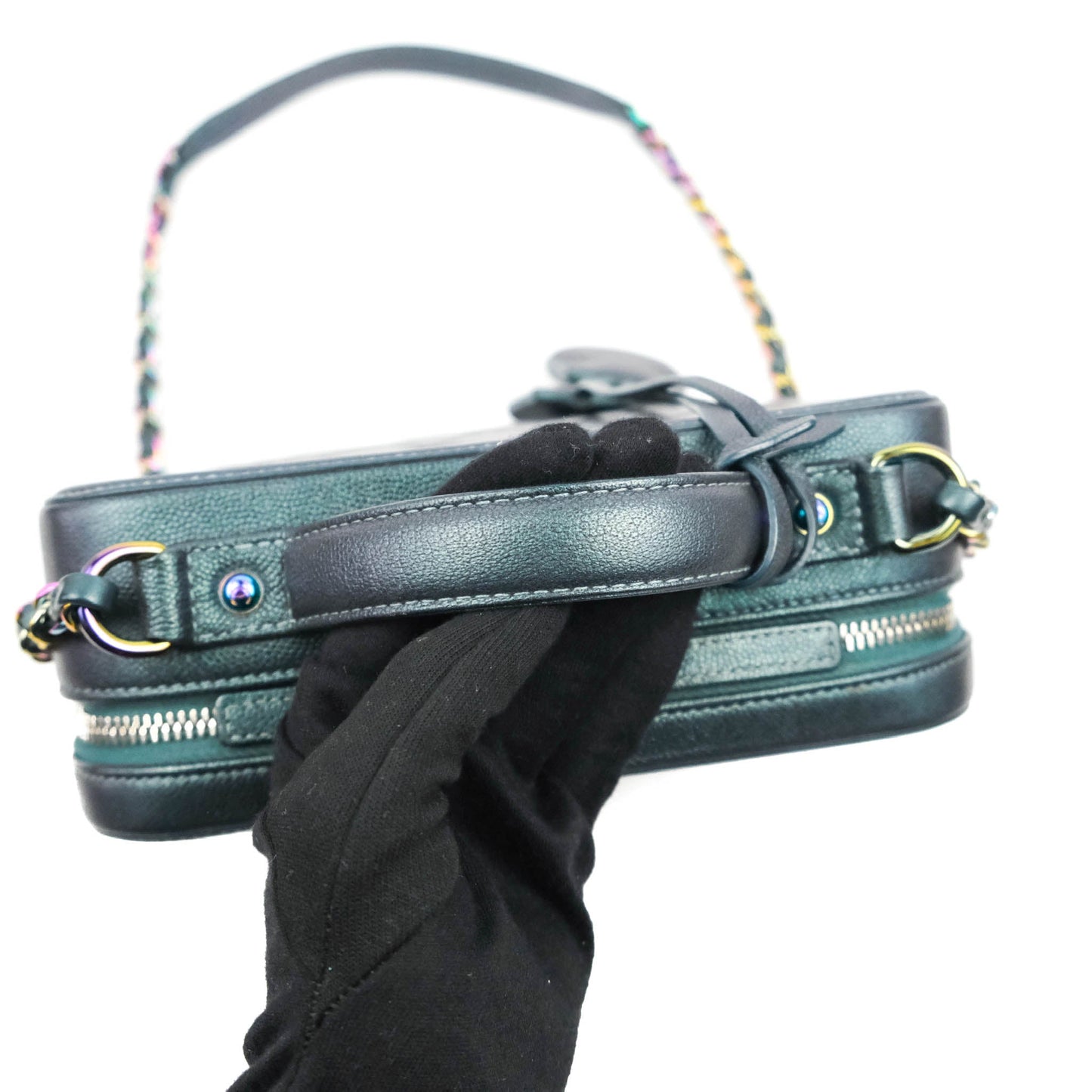 Chanel Quilted Medium CC Filigree Vanity Case Iridescent Dark Turquoise Caviar Rainbow Hardware