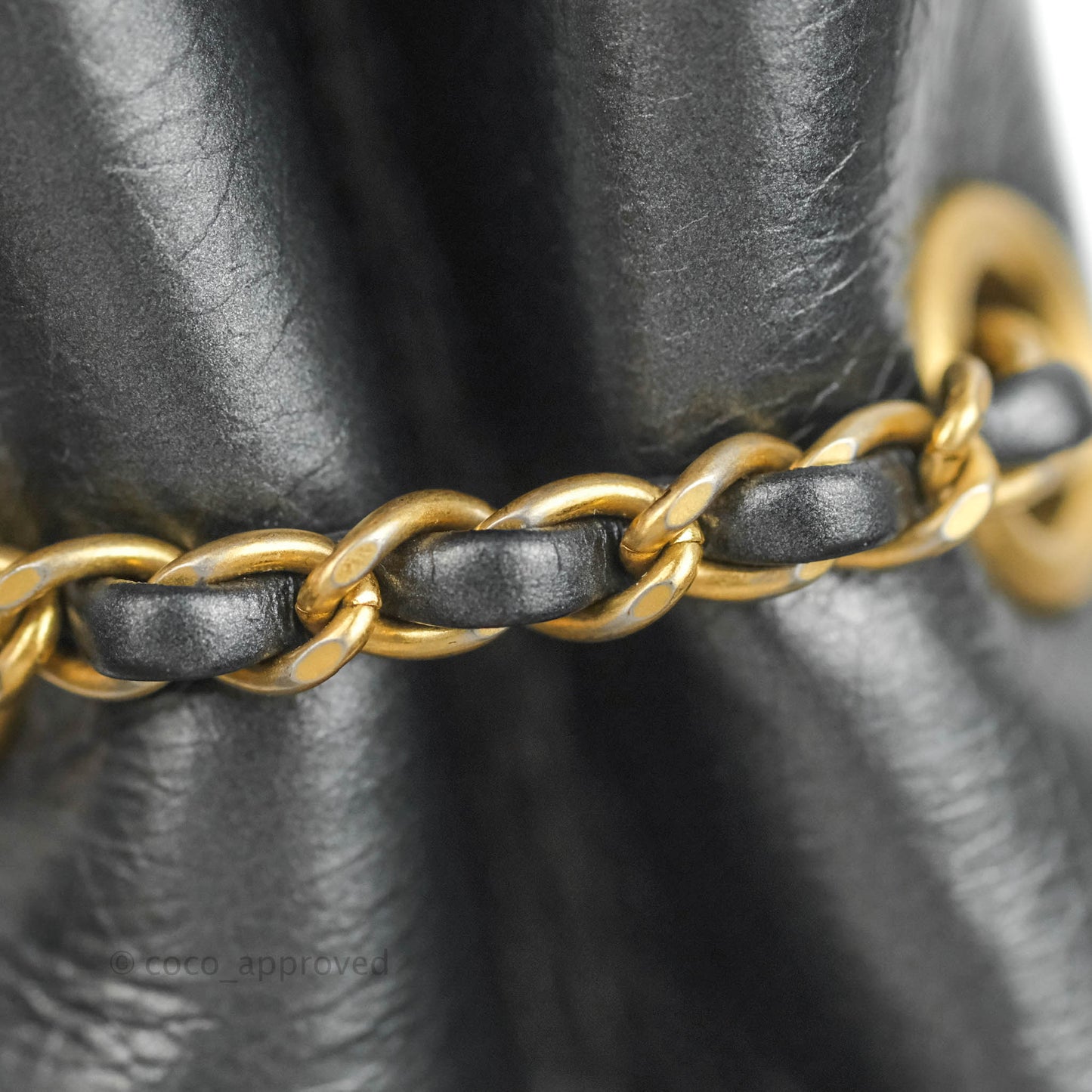 Chanel Quilted Drawstring Shopping Tote Bag Metallic Dark Grey Aged Calfskin Aged Gold Hardware