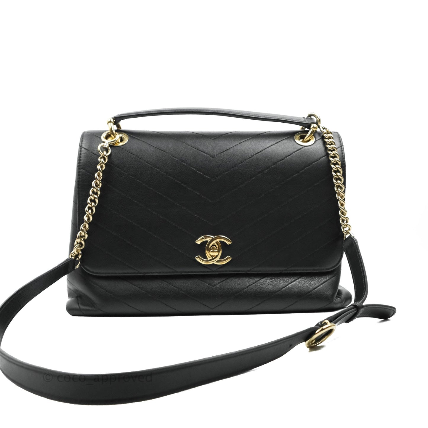 Chanel Chevron Top Handle Black Calfskin Gold Hardware