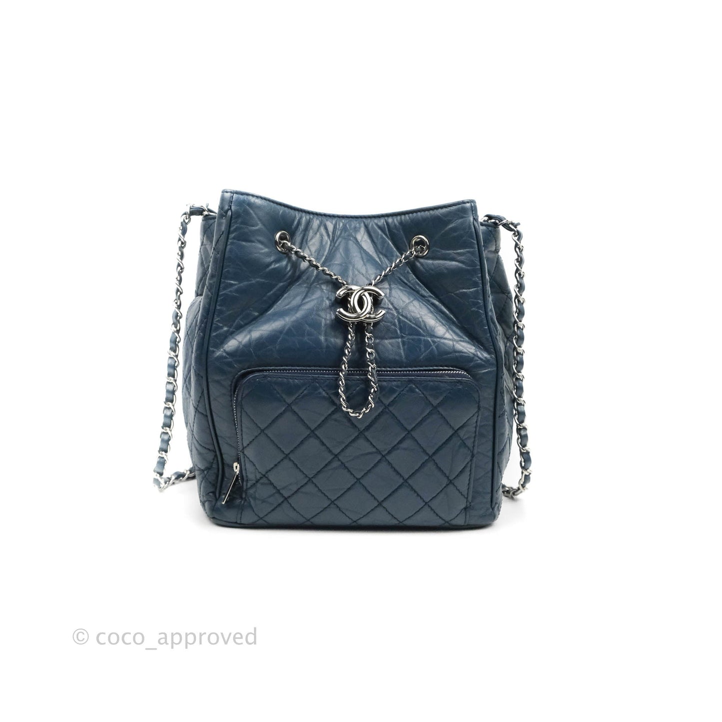 Chanel Drawstring Bucket Bag Dark Blue Aged Calfskin Silver Hardware