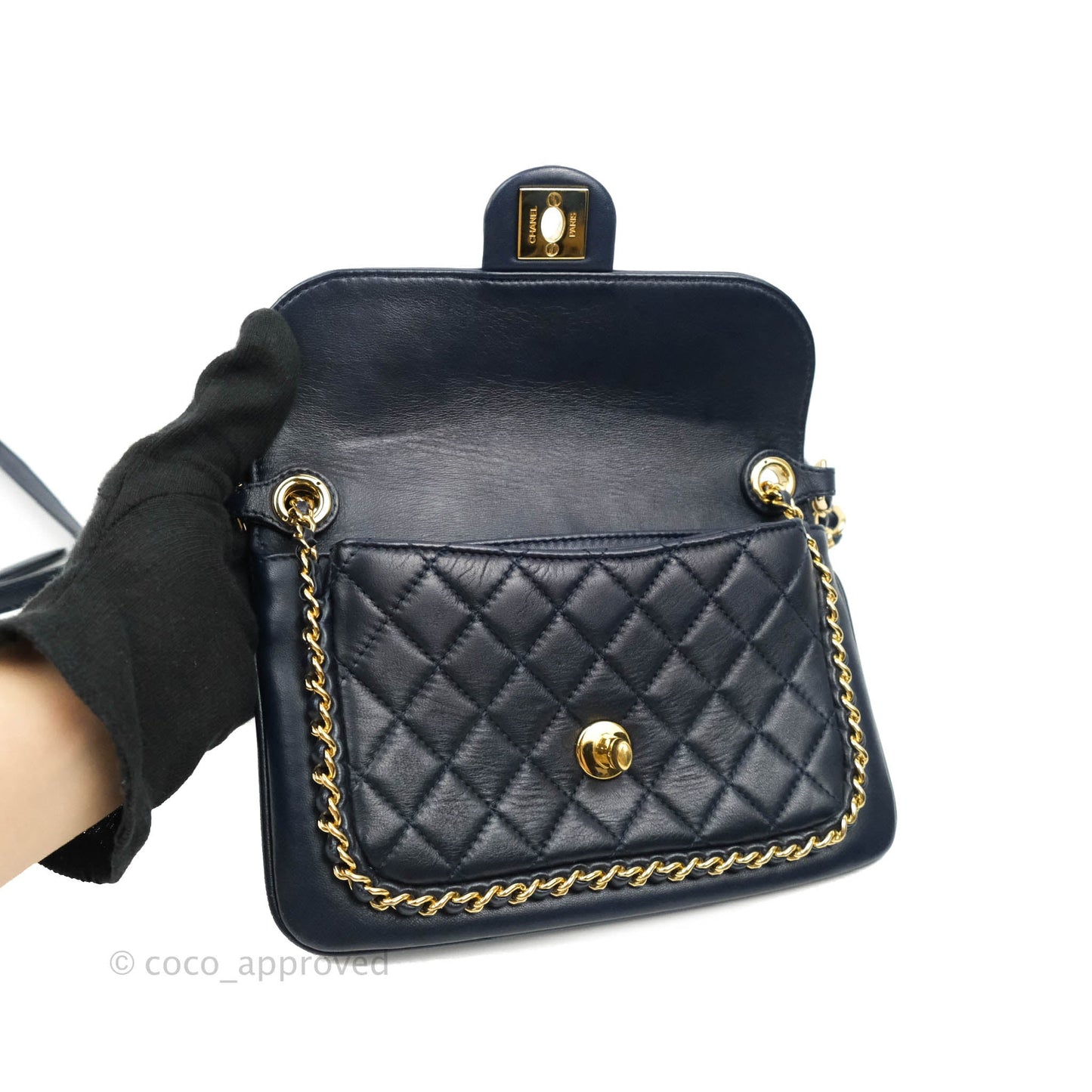 Chanel Flat Flap Bag With Chain Navy Calfskin Gold Hardware