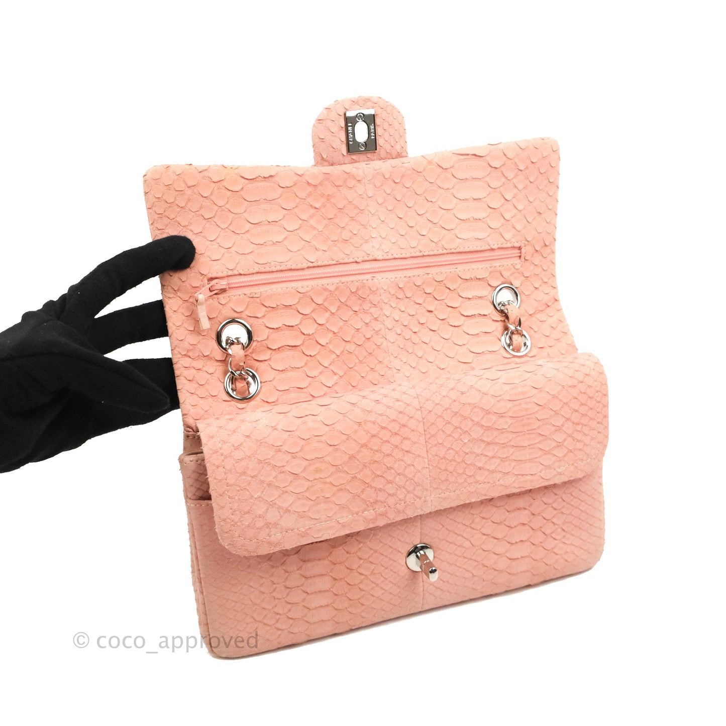 Chanel Classic M/L Medium Flap Quilted Pink Python Silver Hardware