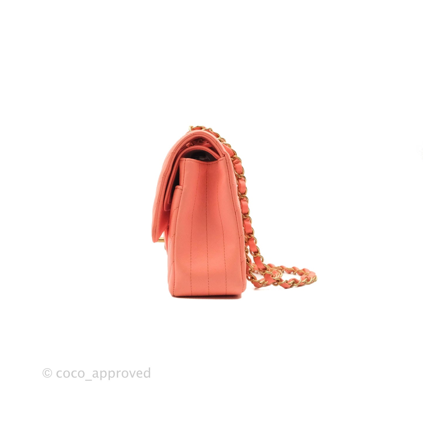 Chanel Classic M/L Medium Chevron Double Flap Coral Pink Lambskin Aged Gold Hardware
