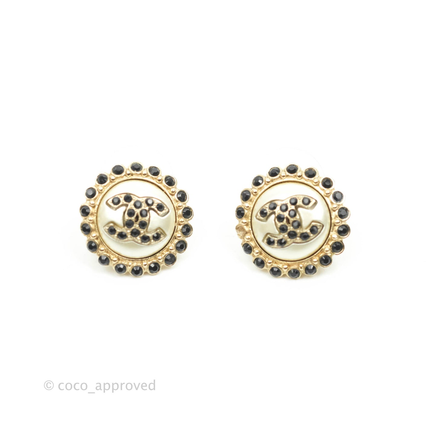 Chanel Crystal Pearl CC Round Earrings Gold Tone 20A