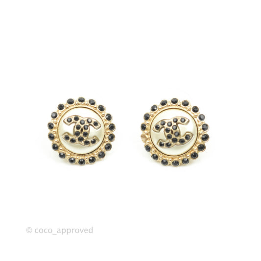 Chanel Crystal Pearl CC Round Earrings Gold Tone 20A