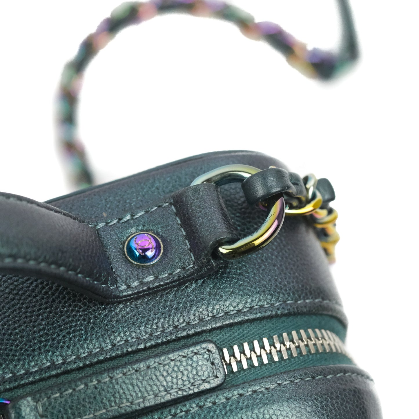 Chanel Quilted Medium CC Filigree Vanity Case Iridescent Dark Turquoise Caviar Rainbow Hardware