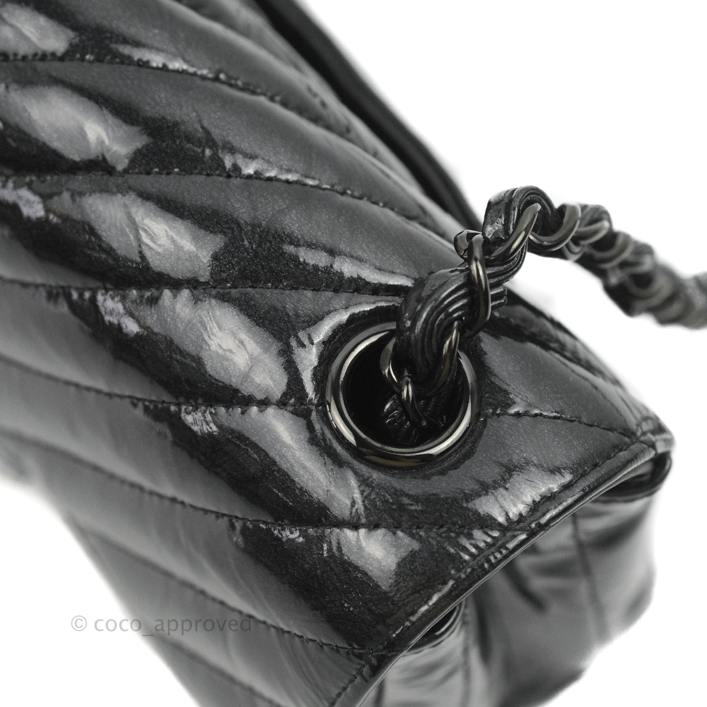 Chanel Mini Rectangular Flap Chevron Black Crumpled Metallic Patent So Black