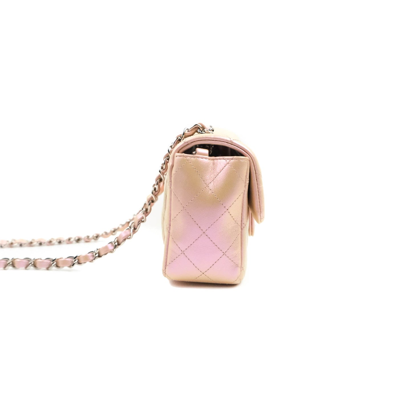 Chanel Quilted Mini Rectangular Flap Iridescent Pink Calfskin Silver Hardware