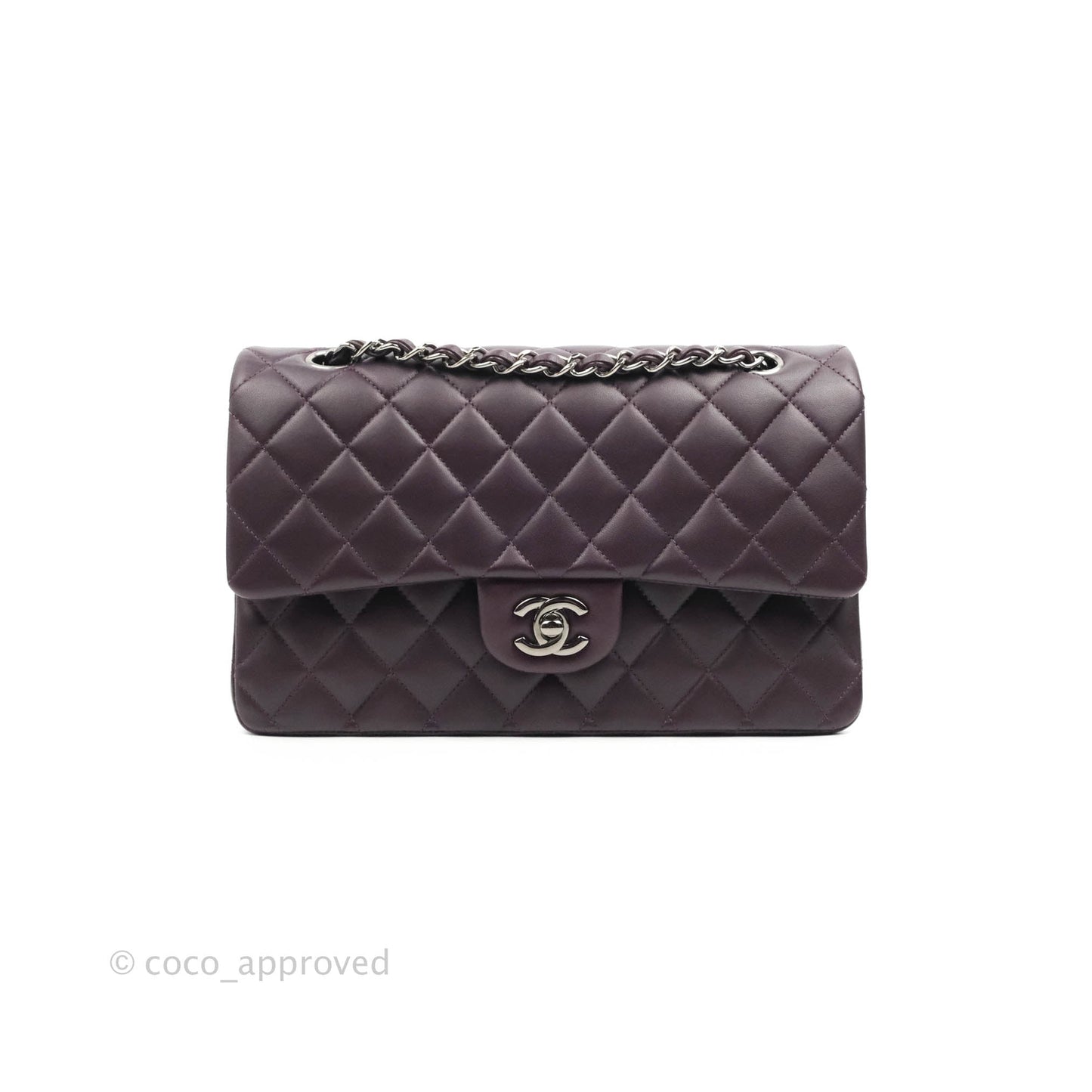 Chanel Classic M/L Medium Flap Quilted Purple Burgundy Lambskin Silver Hardware