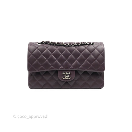 Chanel Classic M/L Medium Flap Quilted Purple Burgundy Lambskin Silver Hardware