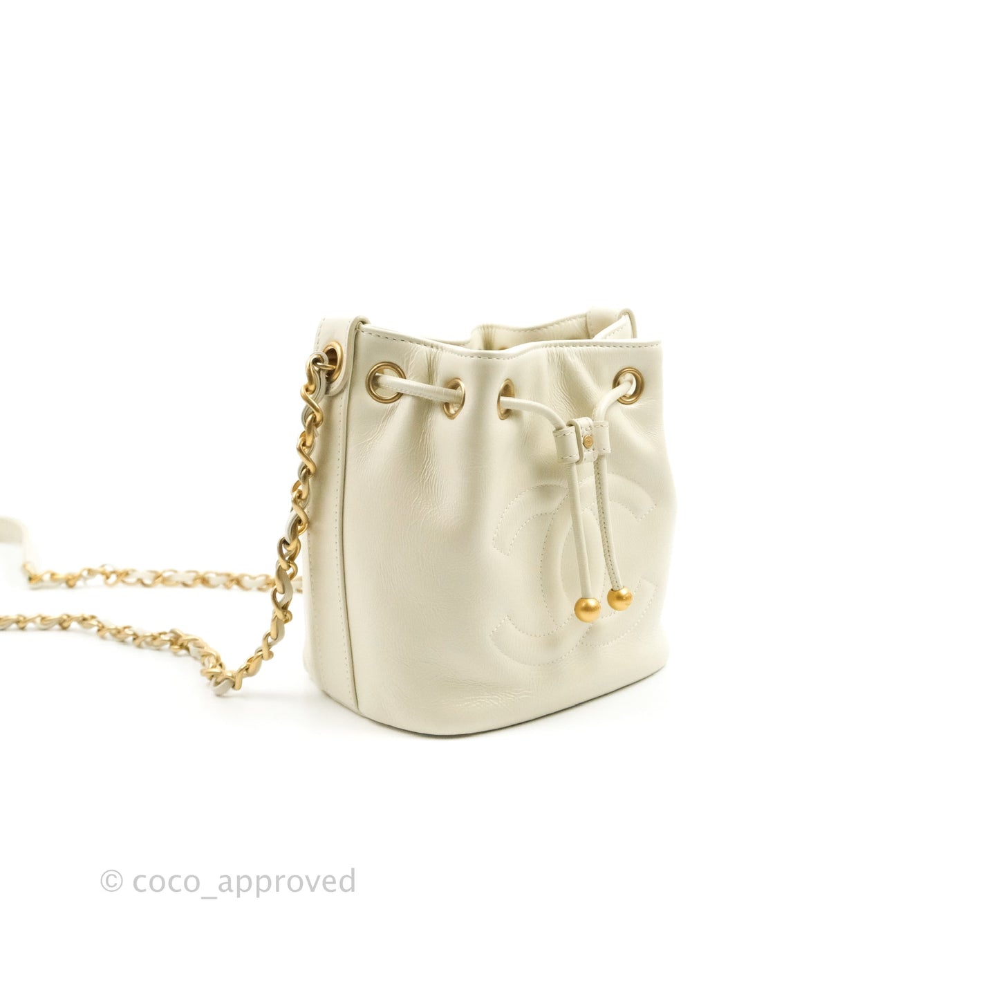 Chanel CC Small Drawstring Bucket Bag White Calfskin Aged Gold Hardware