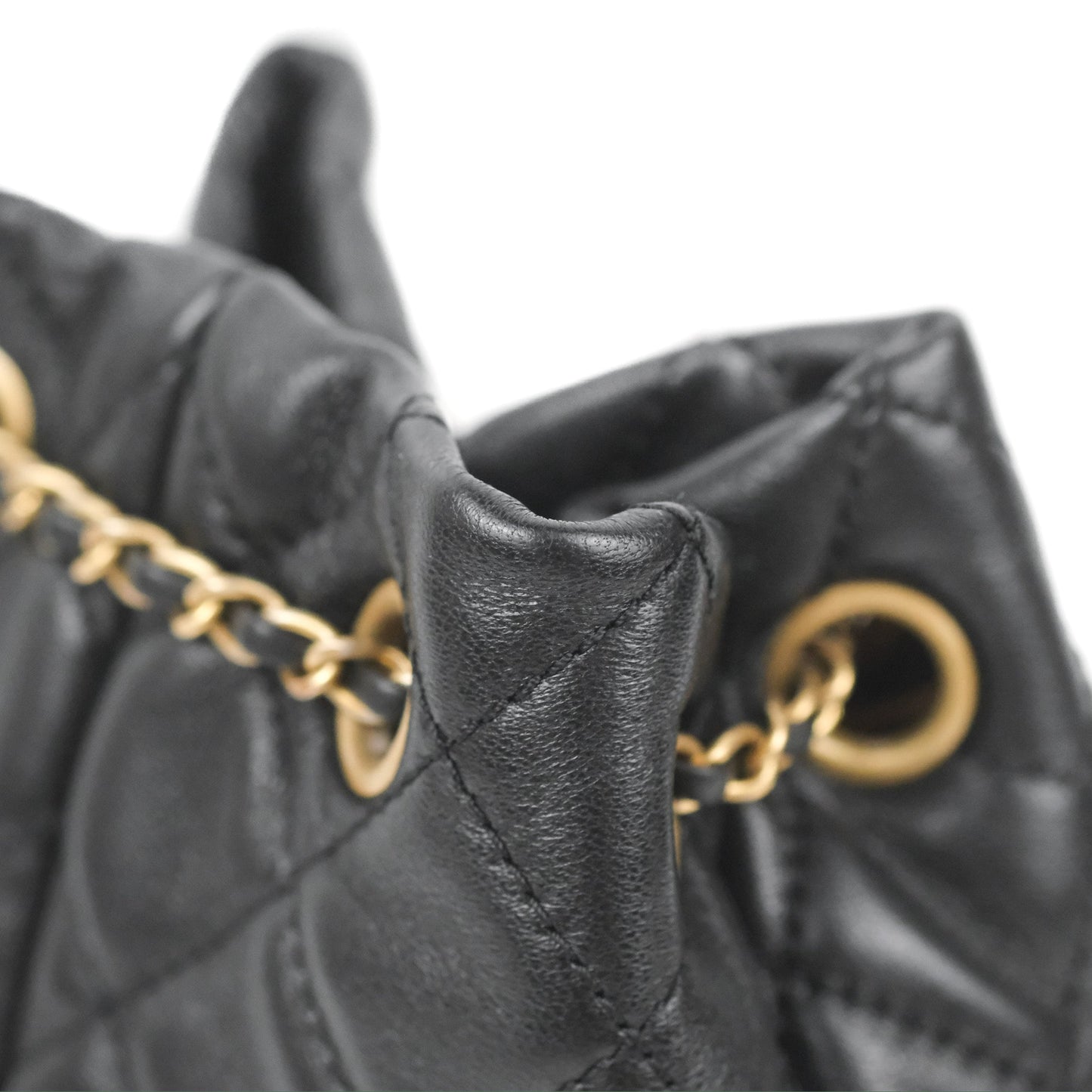 Chanel Pearl Crush Bucket Bag Black Lambskin Aged Gold Hardware 22S