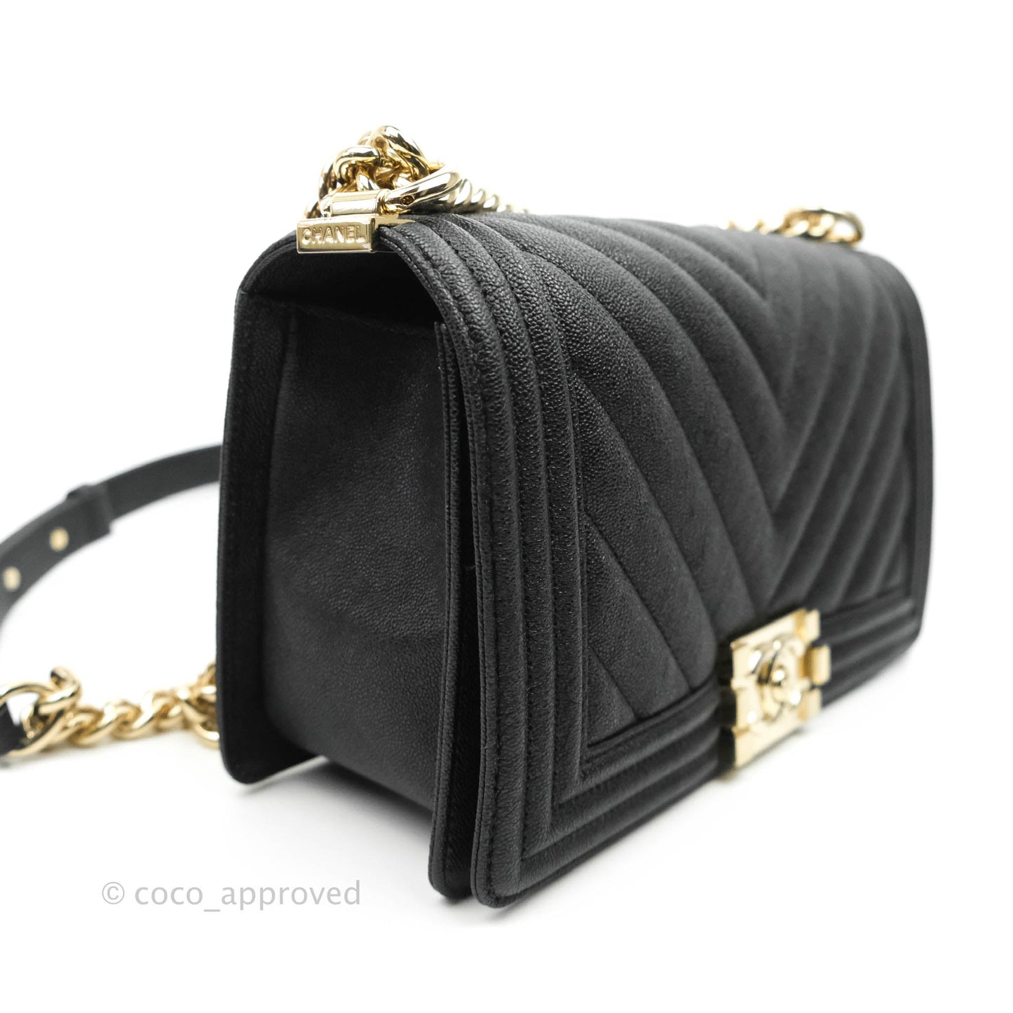 Chanel Chevron Medium Boy Black Grained Calfskin Gold Hardware