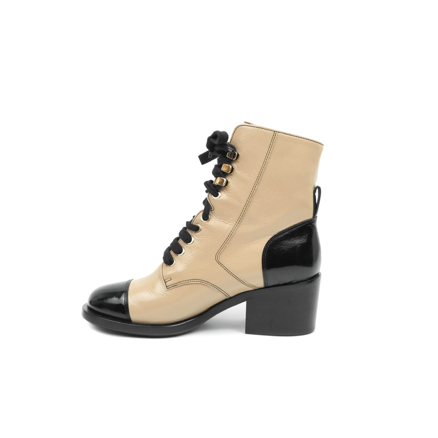 Chanel Beige Black Calfskin CC Lace Up Short Boots 37.5