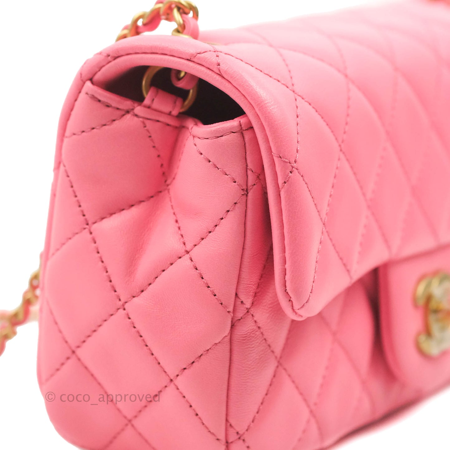 Chanel Mini Rectangular Pearl Crush Quilted Pink Lambskin Aged Gold Hardware