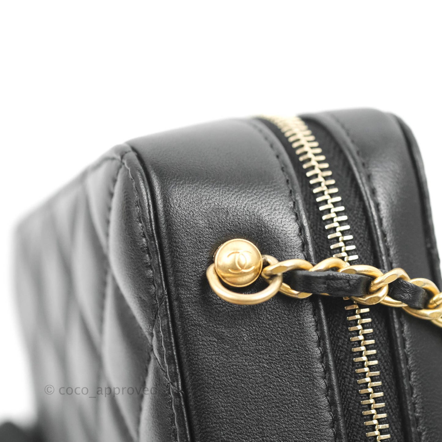 Chanel Mini Pearl Crush Quilted Camera Case Black Lambskin Aged Gold Hardware