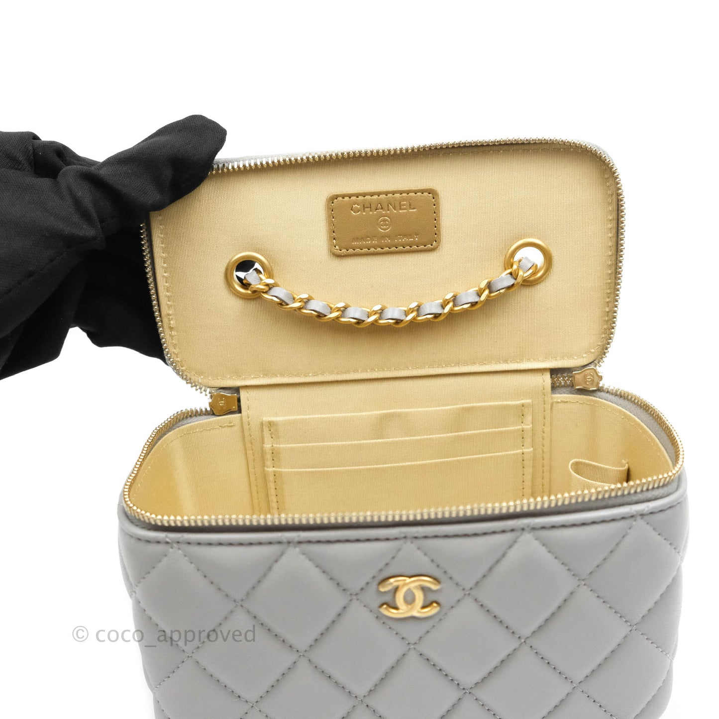 Chanel Vanity with Pearl Crush Chain Grey Lambskin Aged Gold Hardware